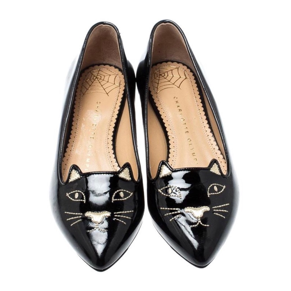 Charlotte Olympia Kitty Flats in Black Patent